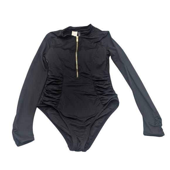 La Blanca Women's Shirred Paddlesuit Zip Front One Piece Swimsuit Black Size S - Picture 4 of 13